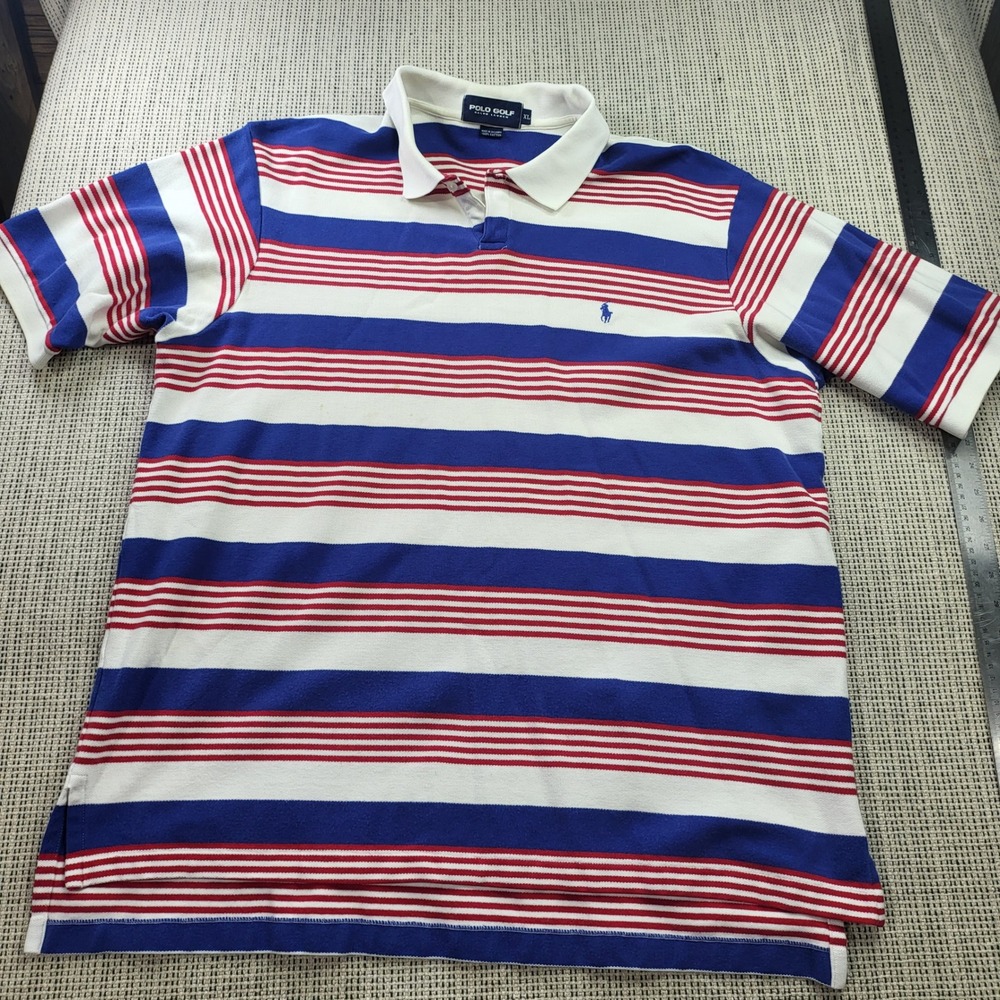 Polo Ralph Lauren Golf Shirt Mens XL Blue Red White Striped Pique Cotton Polo